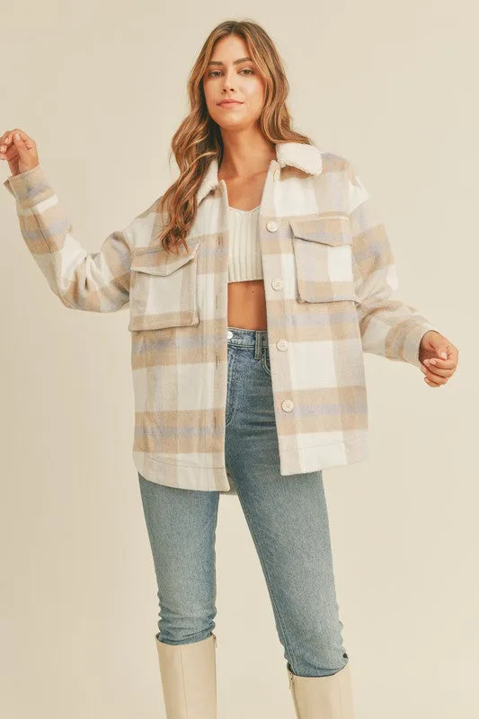 Neutral Plaid Shacket with Sherpa Collar