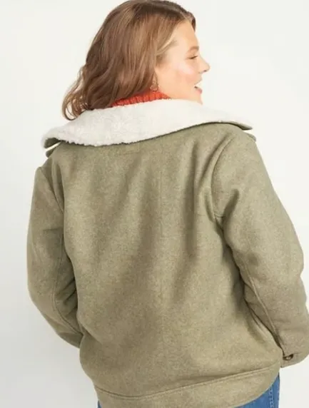 New Retails $79 OLD NAVY Soft-Brushed Sherpa-Trim Shacket Jacket for Women In Satin Moss Sz XXL