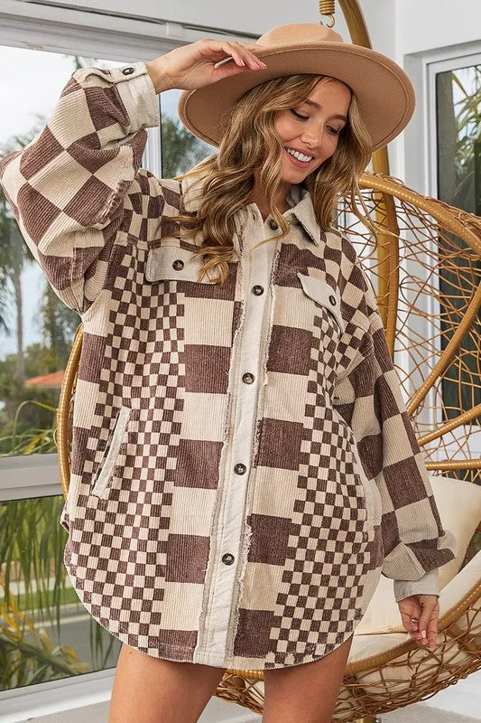 NicholesGifts Women Checkered Button Down Corduroy Shacket