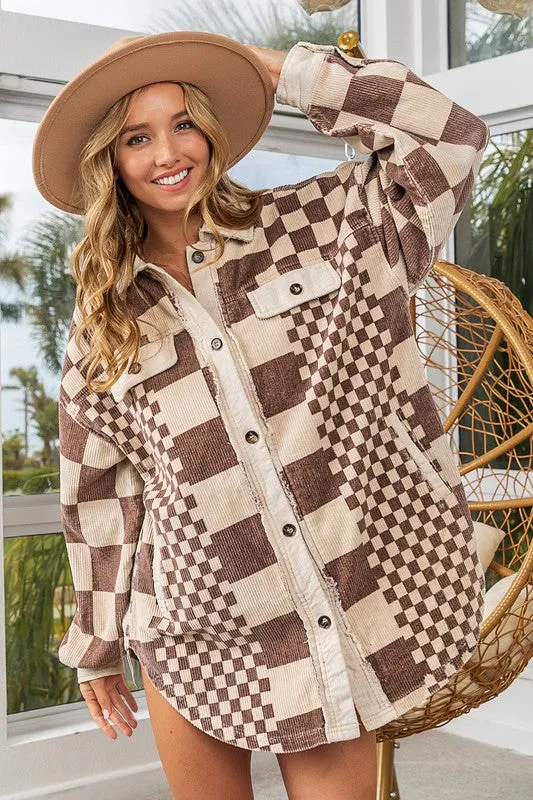 NicholesGifts Women Checkered Button Down Corduroy Shacket