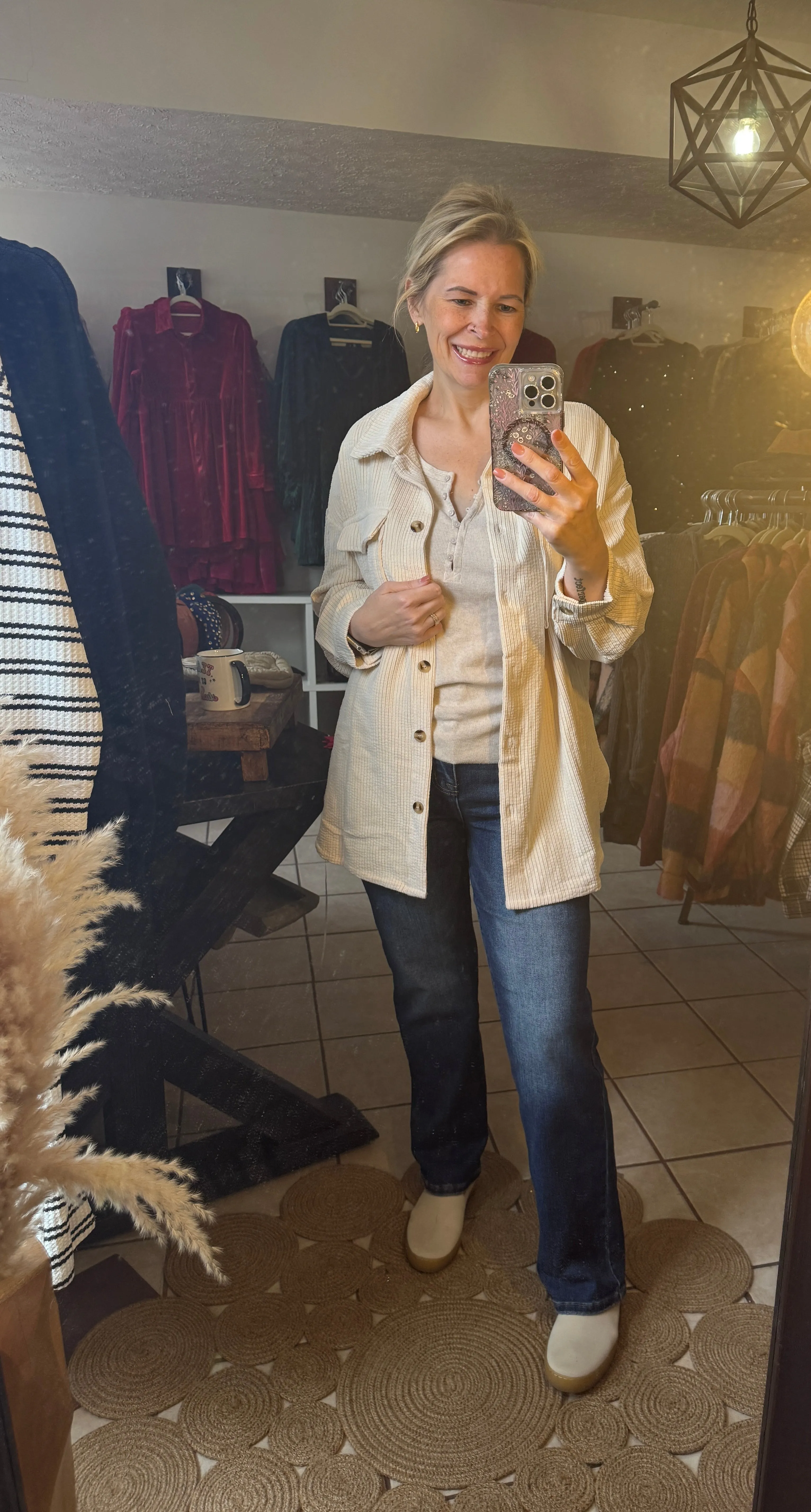 Oatmeal Corduroy Flap Pocket Button Up Longer Length Shacket - Super Soft - Curvy and Regular Sizes