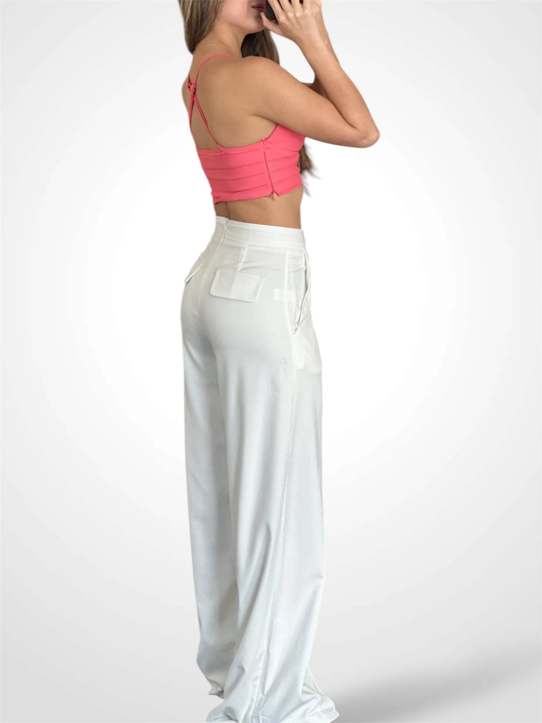 OFF WHITE SOLID BUTTON DETAIL FRONT ZIP UP WIDE LEG PANTS