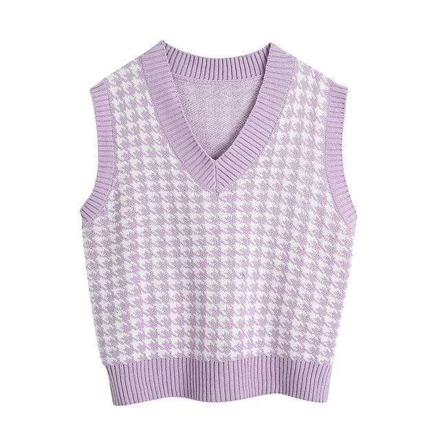 OVERSIZED HOUNDSTOOTH KNITTED VEST TOPS