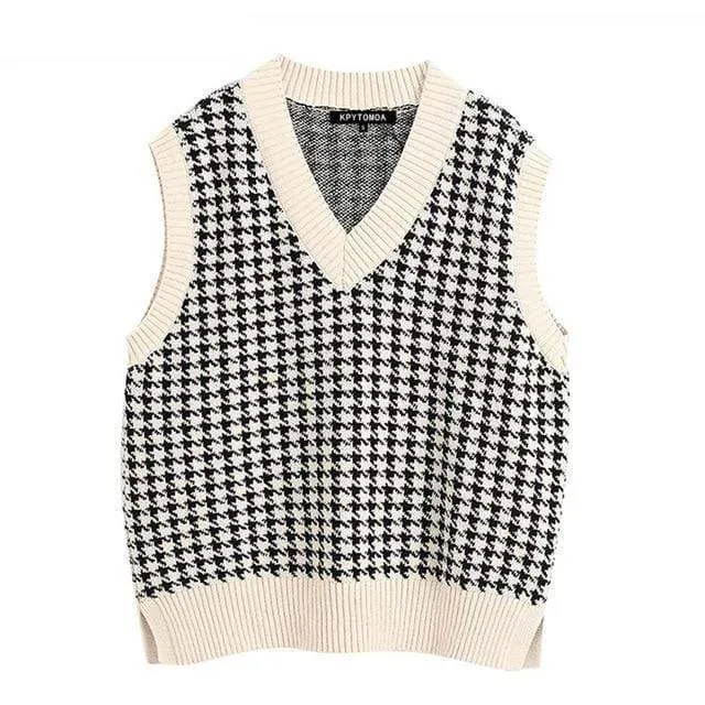 OVERSIZED HOUNDSTOOTH KNITTED VEST TOPS