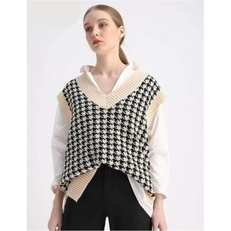 OVERSIZED HOUNDSTOOTH KNITTED VEST TOPS