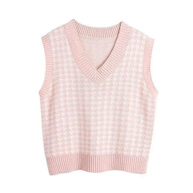 OVERSIZED HOUNDSTOOTH KNITTED VEST TOPS
