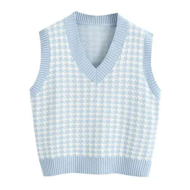 OVERSIZED HOUNDSTOOTH KNITTED VEST TOPS