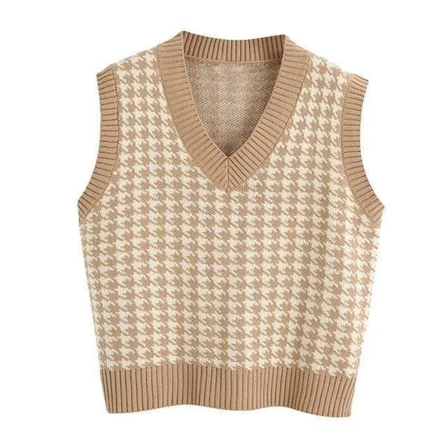 OVERSIZED HOUNDSTOOTH KNITTED VEST TOPS