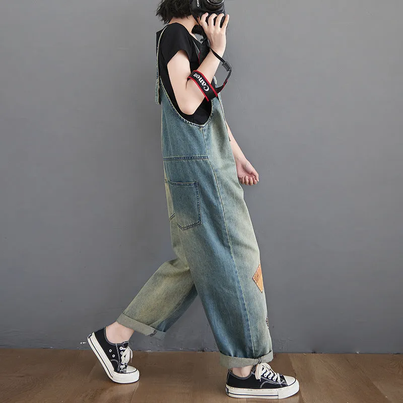 Patchwork Denim Loose Fit Dungaree