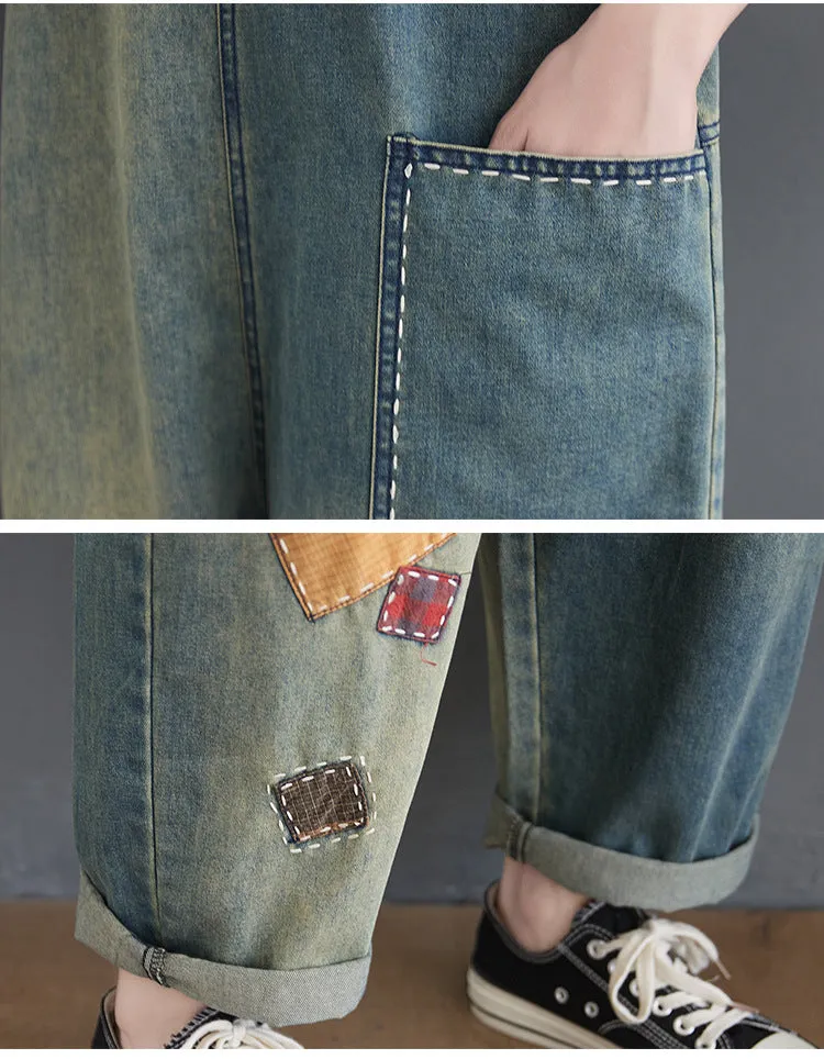 Patchwork Denim Loose Fit Dungaree
