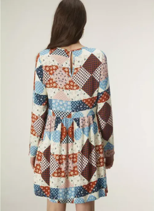 Patchwork Print Babydoll Dress - Blue/Red