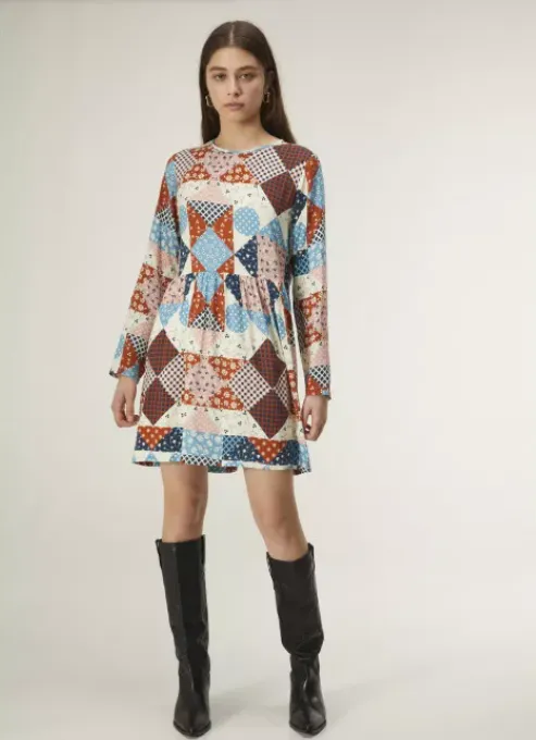 Patchwork Print Babydoll Dress - Blue/Red