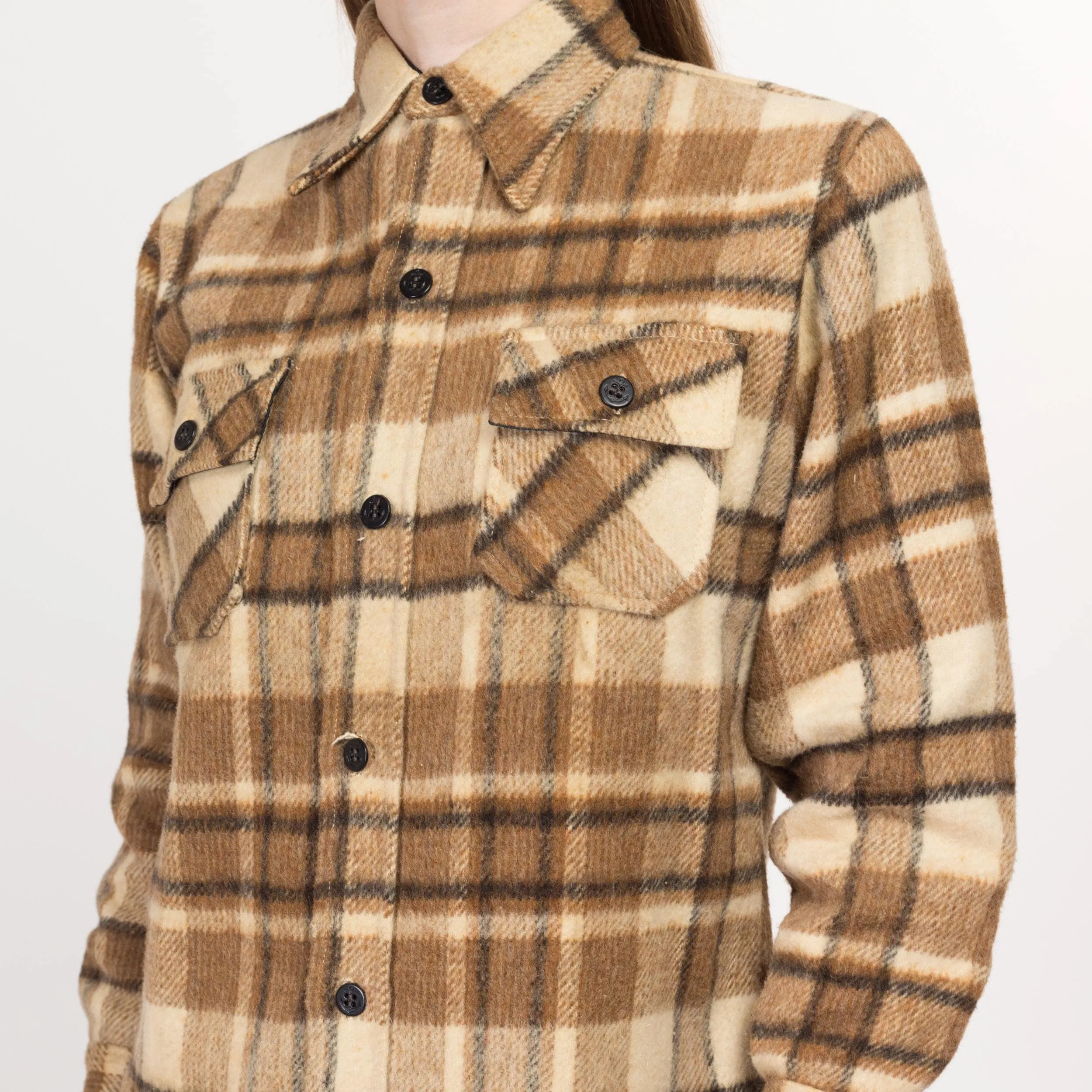 Petite XS 70s CPO Brown Plaid Wool Blend Overshirt