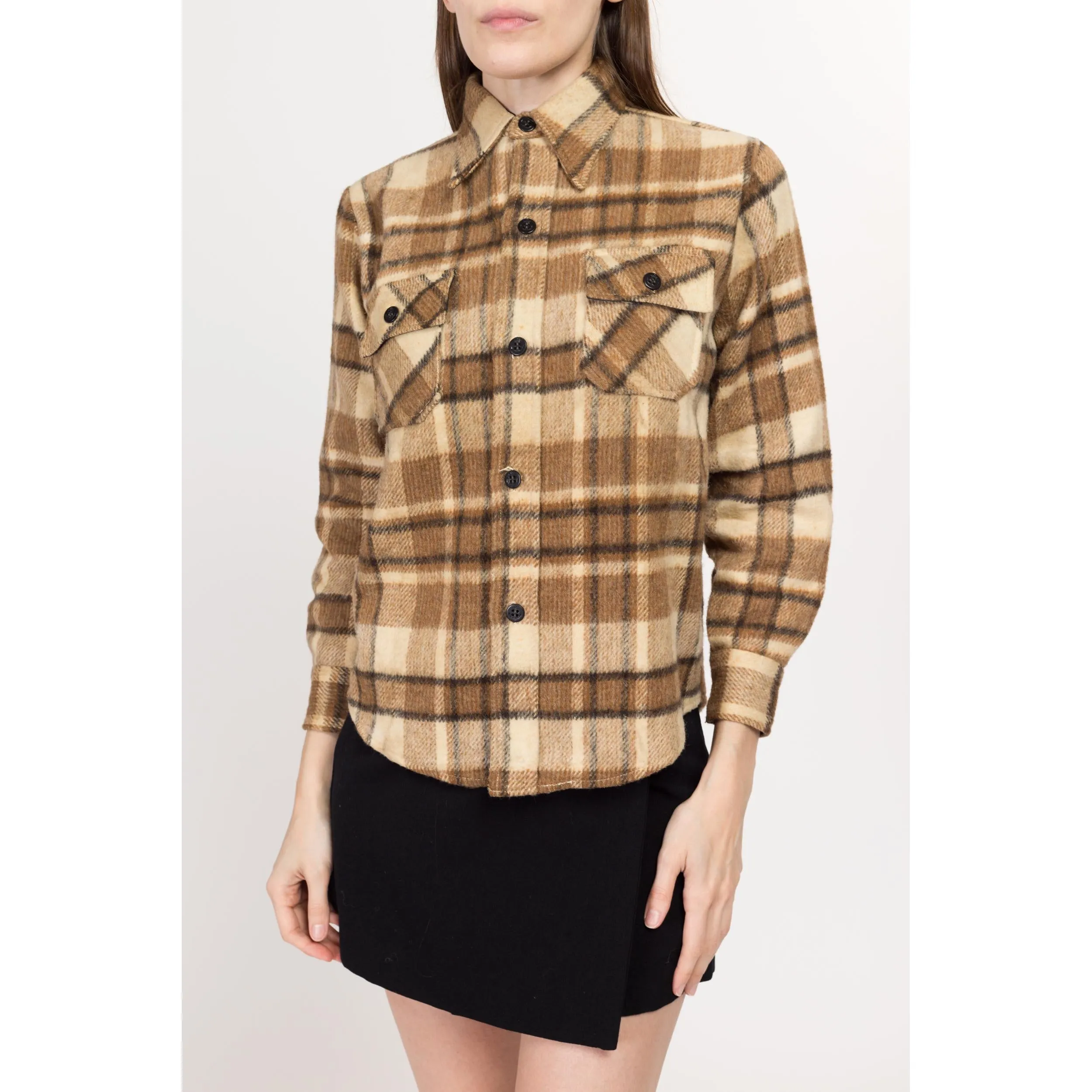 Petite XS 70s CPO Brown Plaid Wool Blend Overshirt