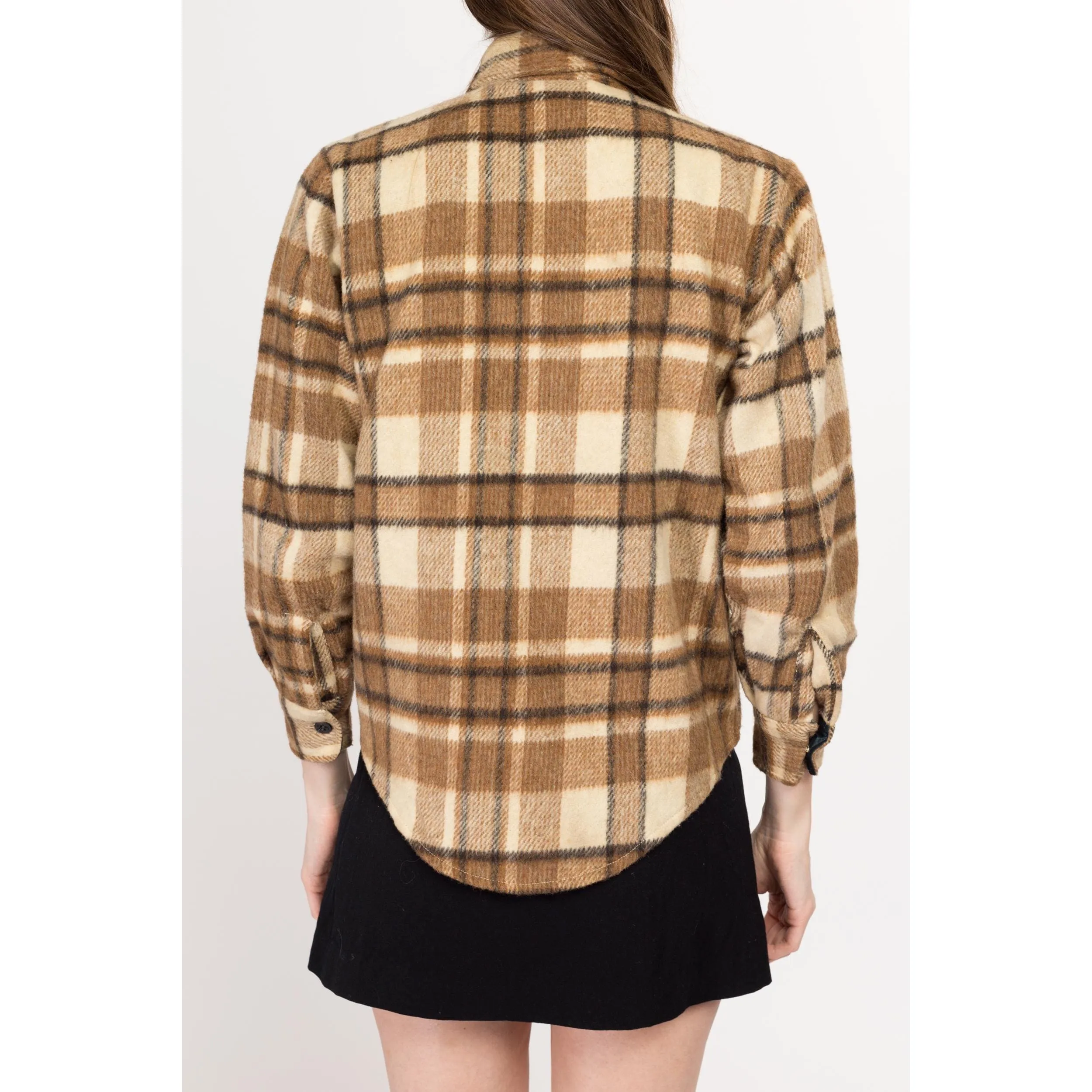 Petite XS 70s CPO Brown Plaid Wool Blend Overshirt