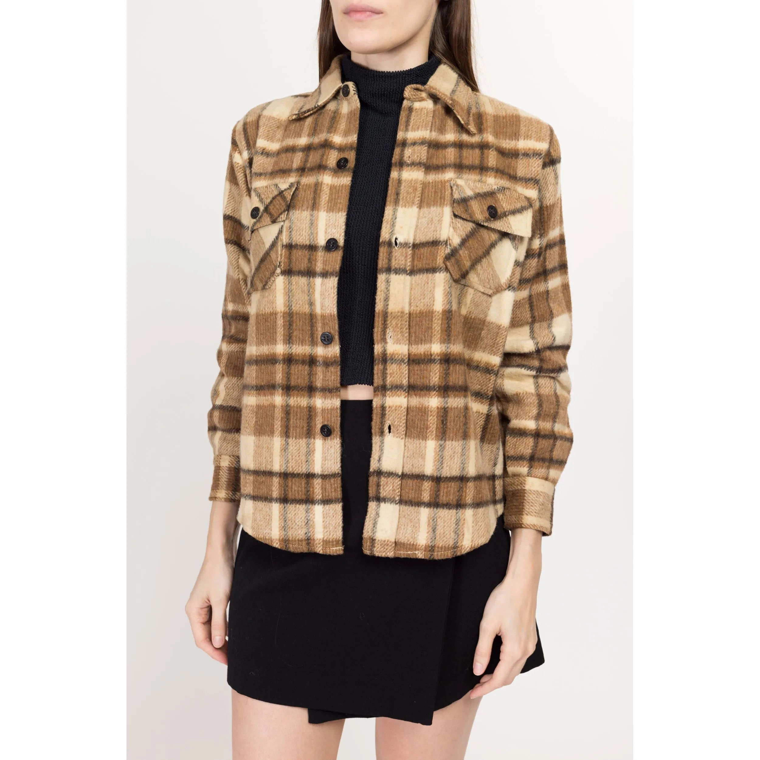 Petite XS 70s CPO Brown Plaid Wool Blend Overshirt