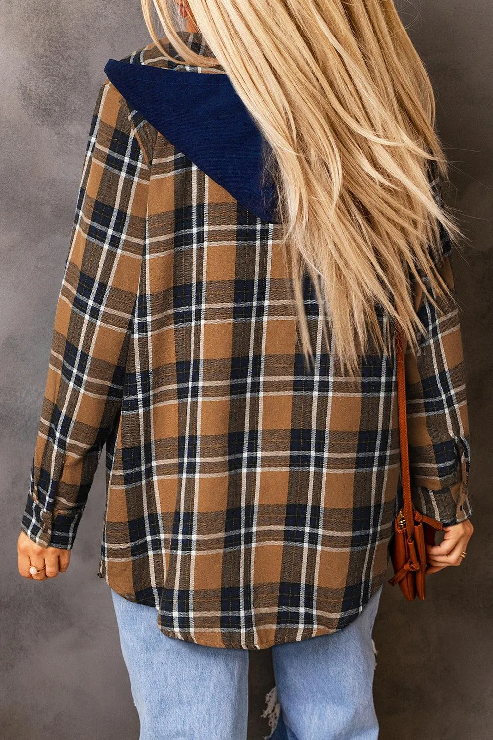 Pink Contrast Hooded Drawstring Plaid Shacket
