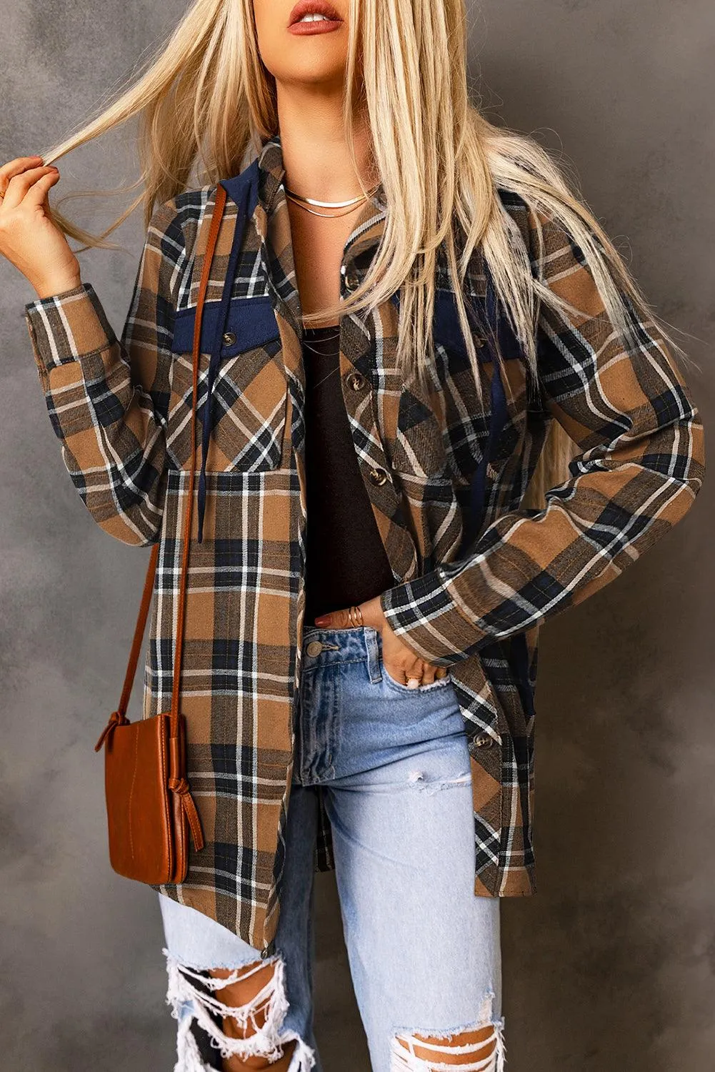 Pink Contrast Hooded Drawstring Plaid Shacket