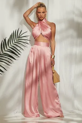 Pink Halter Wrap Top And Palazzo Satin Pants Set