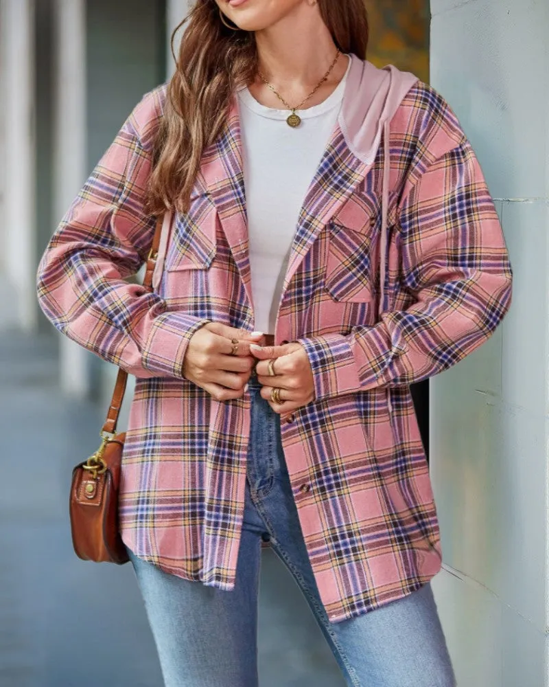 Plaid Pattern Pocket Design Button Down Hooded Shacket