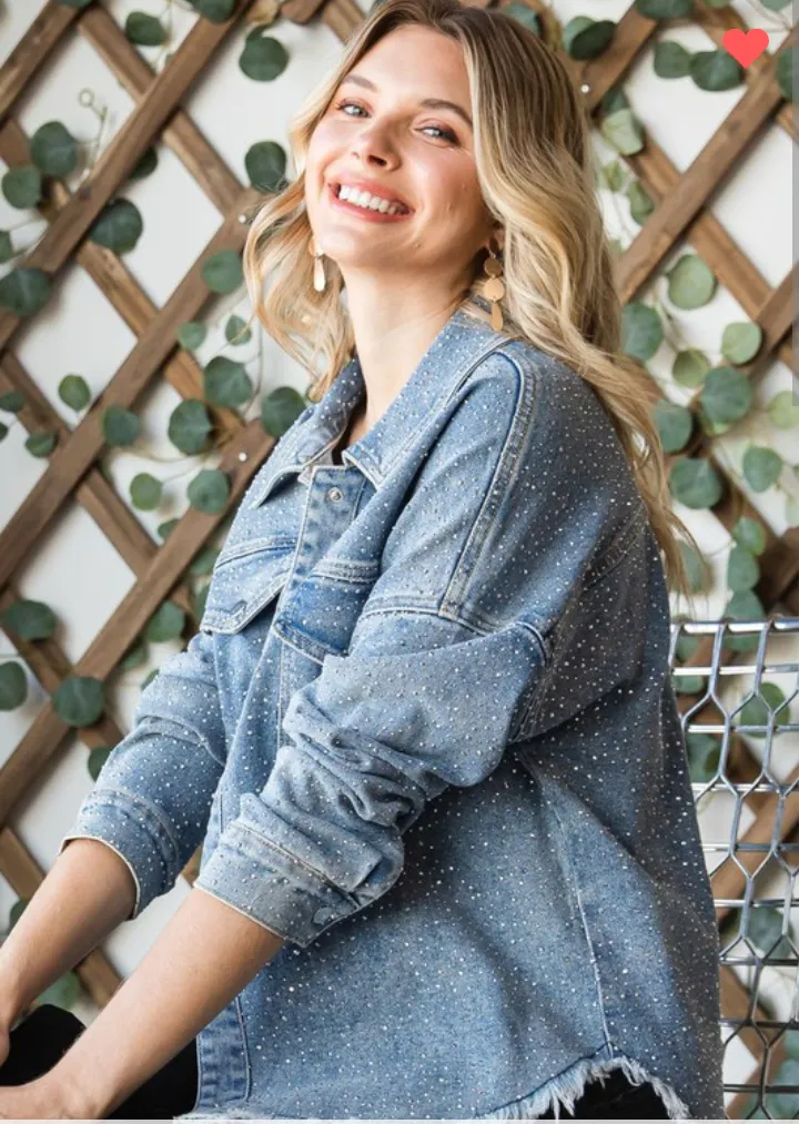 Plus Size Sparkling Rhinestone Denim Jacket - Medium Wash