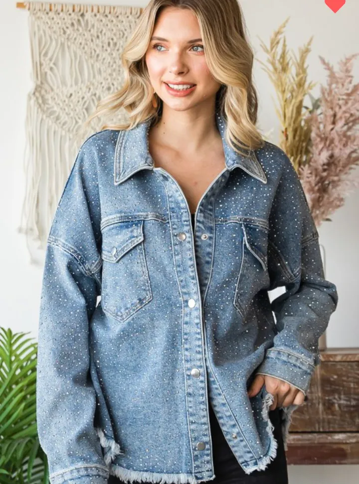 Plus Size Sparkling Rhinestone Denim Jacket - Medium Wash