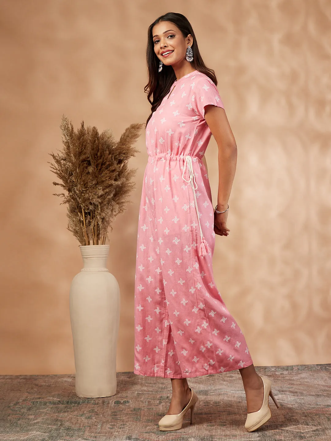 Printed Pink Rayon Jumpsuit
