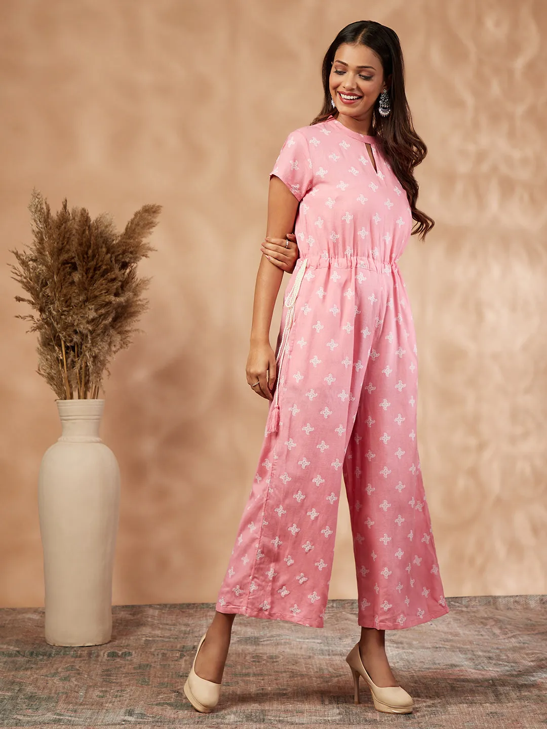 Printed Pink Rayon Jumpsuit