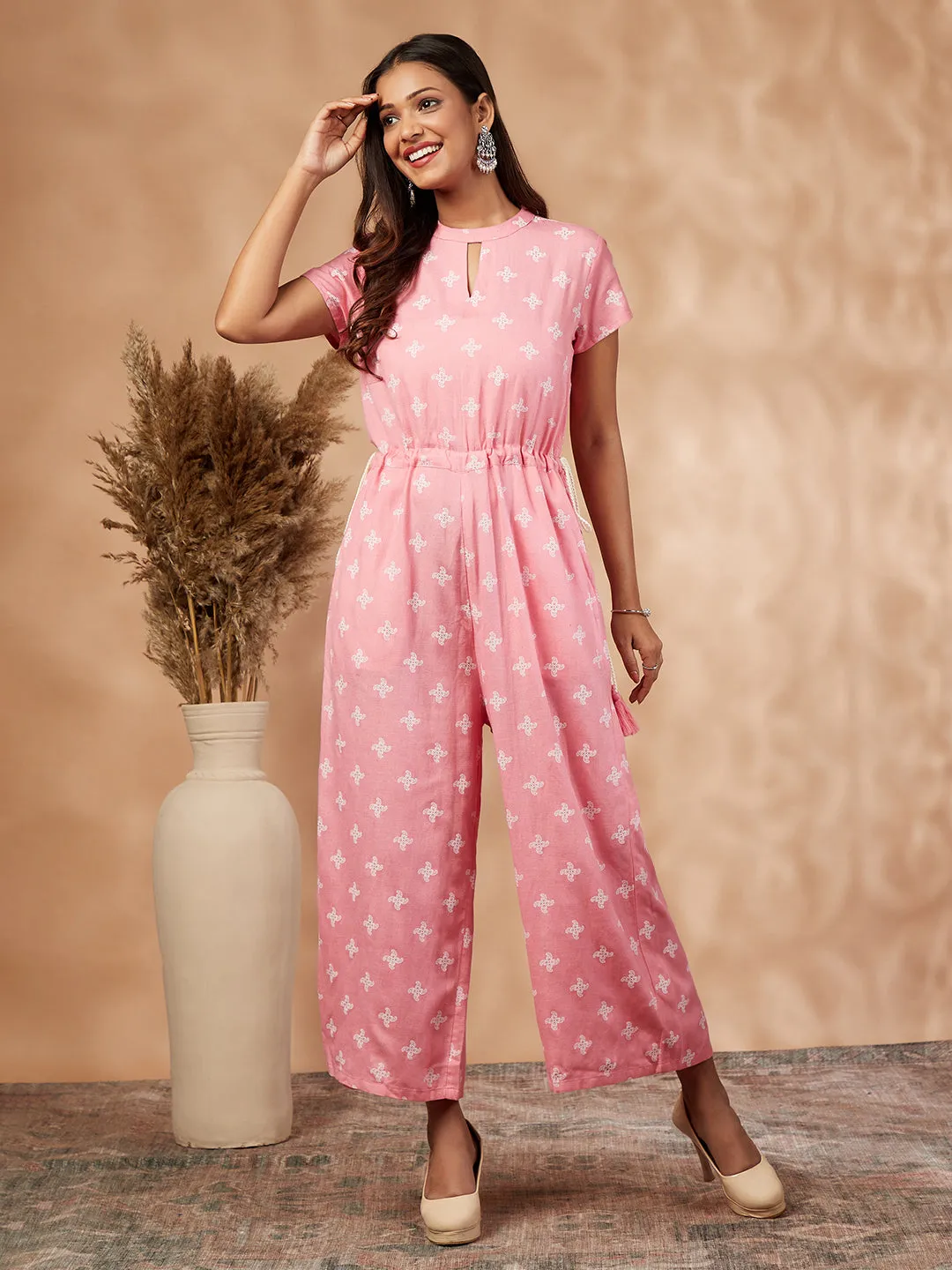 Printed Pink Rayon Jumpsuit