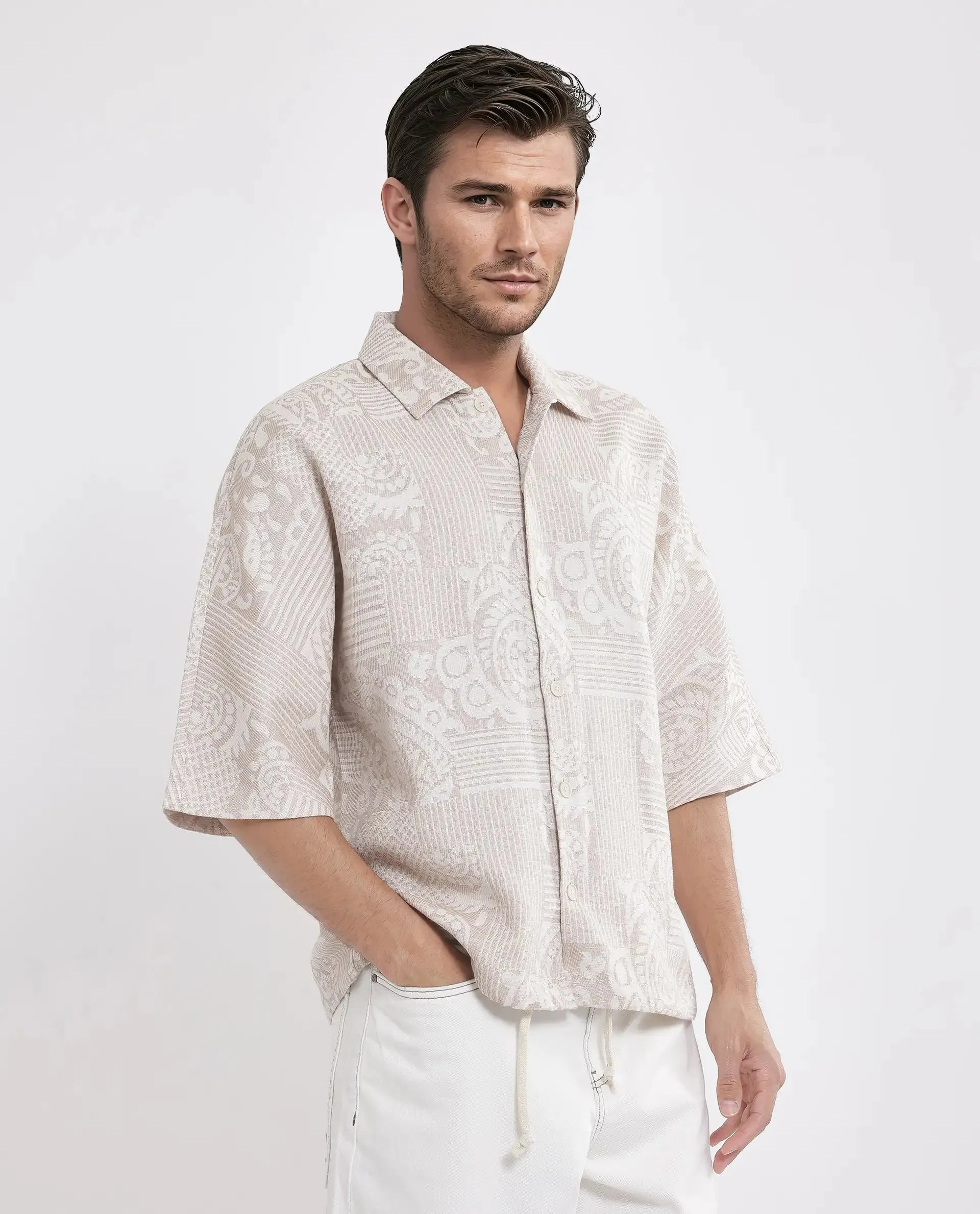 Rare Rabbit Men Tyra Beige Cotton Poly Fabric Half Sleeve Collared Neck Button Closure Embroidered Shacket