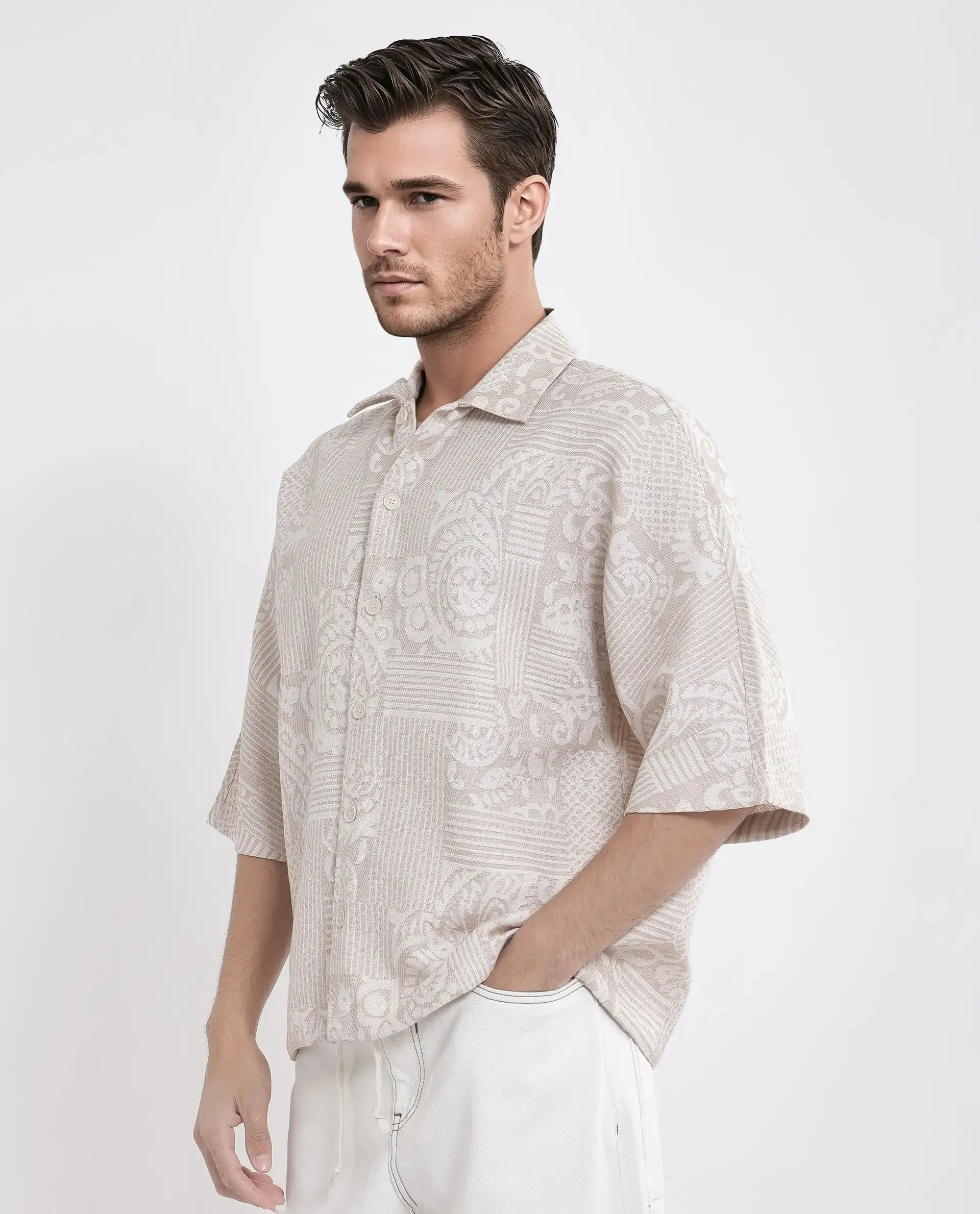 Rare Rabbit Men Tyra Beige Cotton Poly Fabric Half Sleeve Collared Neck Button Closure Embroidered Shacket
