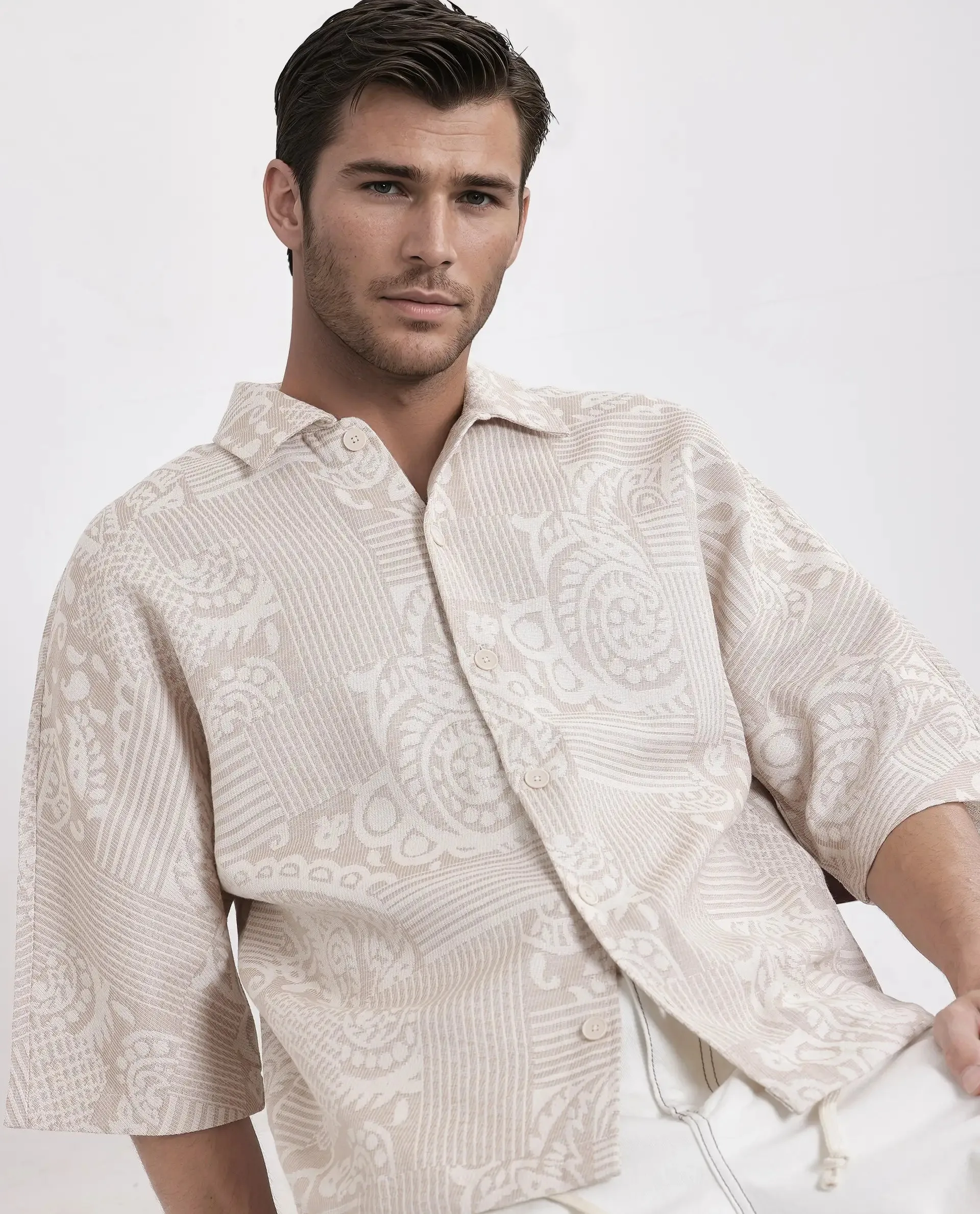 Rare Rabbit Men Tyra Beige Cotton Poly Fabric Half Sleeve Collared Neck Button Closure Embroidered Shacket
