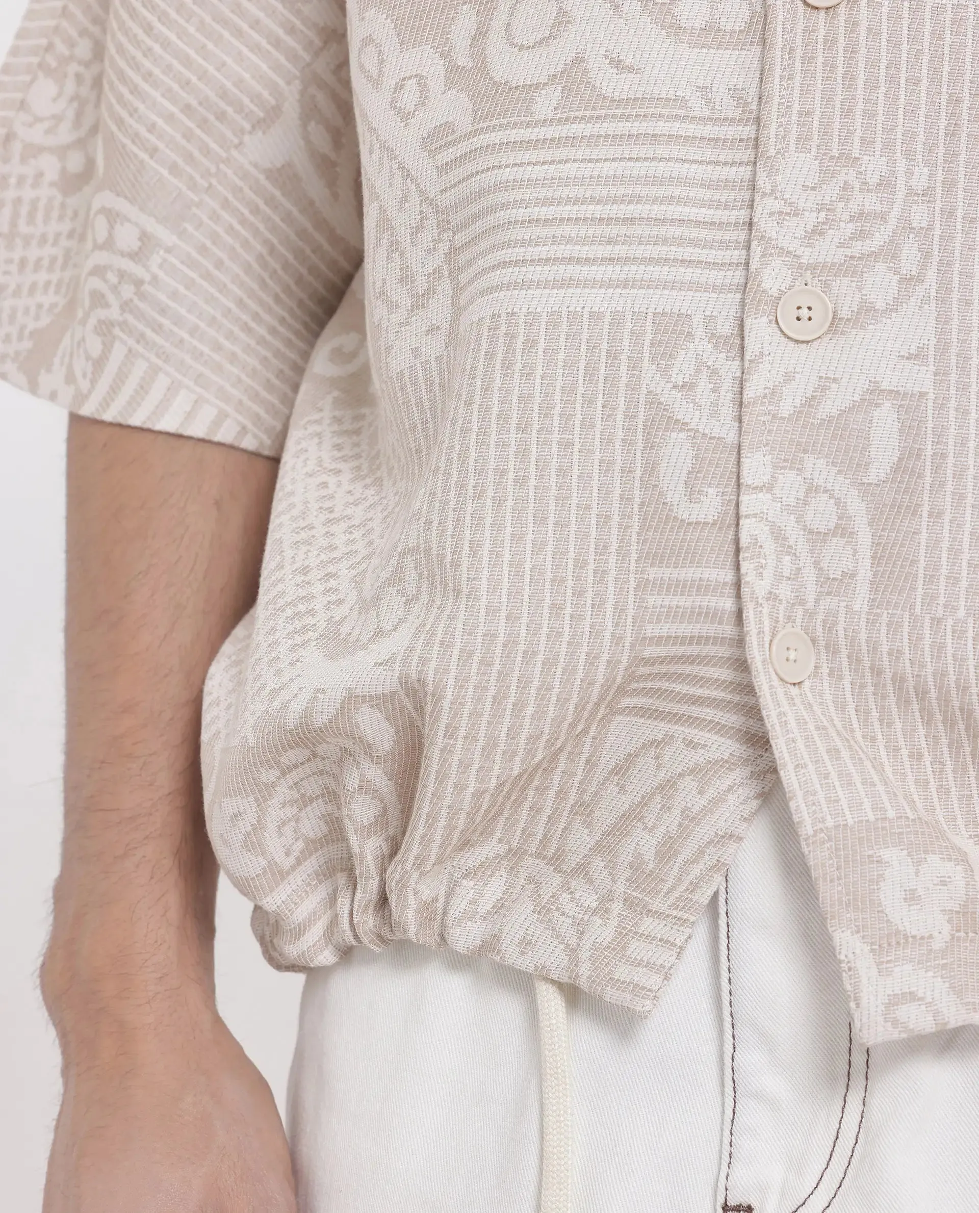 Rare Rabbit Men Tyra Beige Cotton Poly Fabric Half Sleeve Collared Neck Button Closure Embroidered Shacket