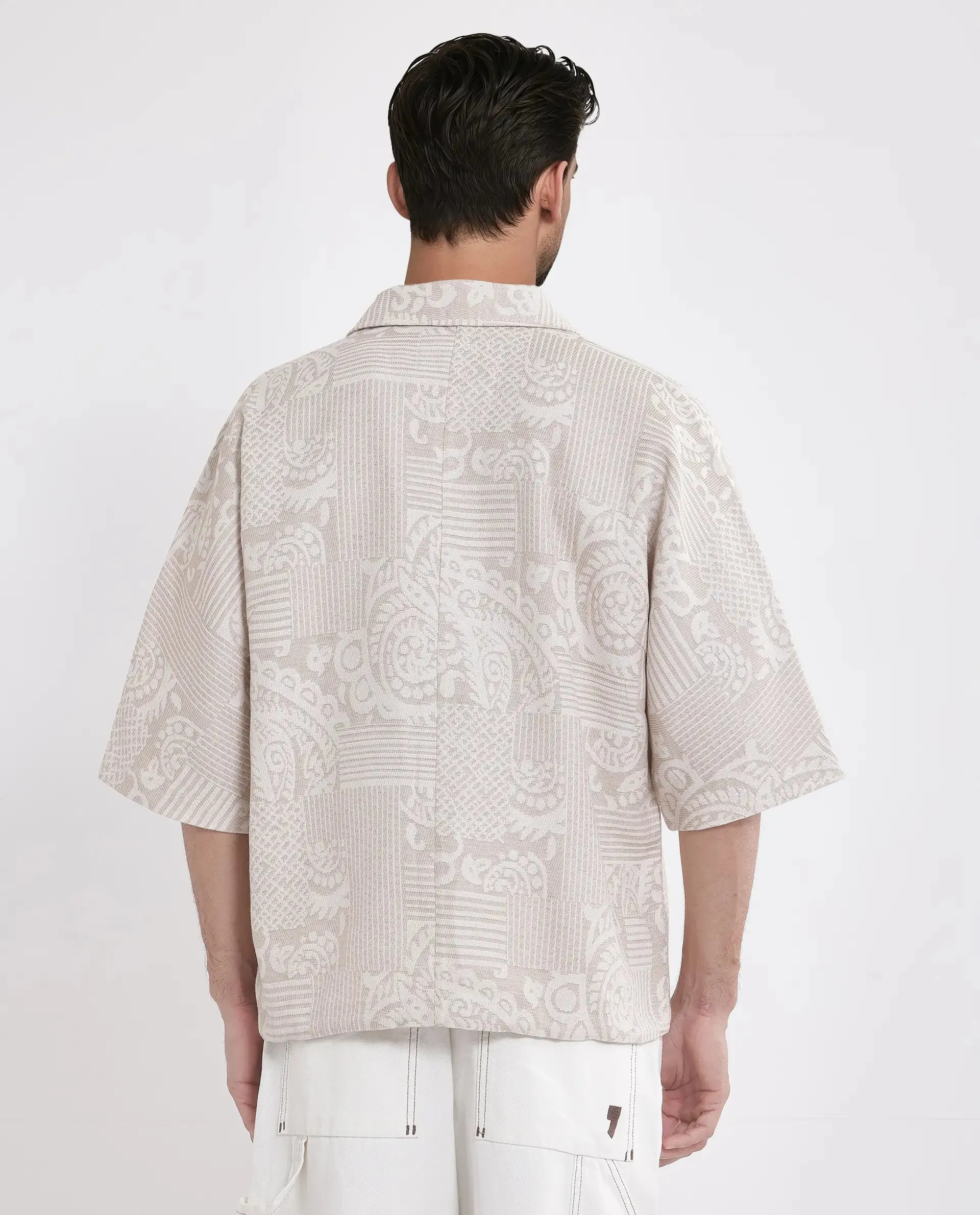 Rare Rabbit Men Tyra Beige Cotton Poly Fabric Half Sleeve Collared Neck Button Closure Embroidered Shacket