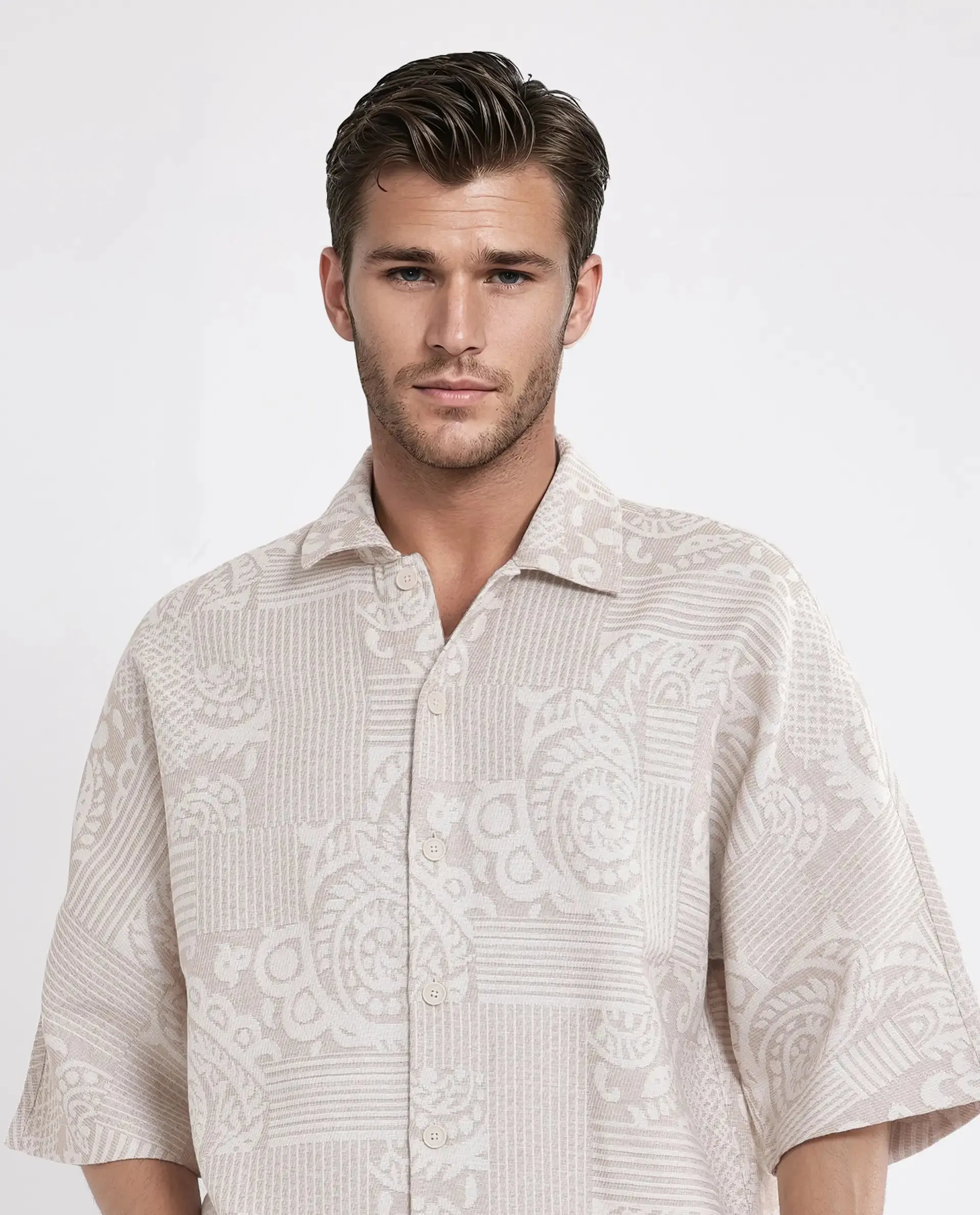 Rare Rabbit Men Tyra Beige Cotton Poly Fabric Half Sleeve Collared Neck Button Closure Embroidered Shacket