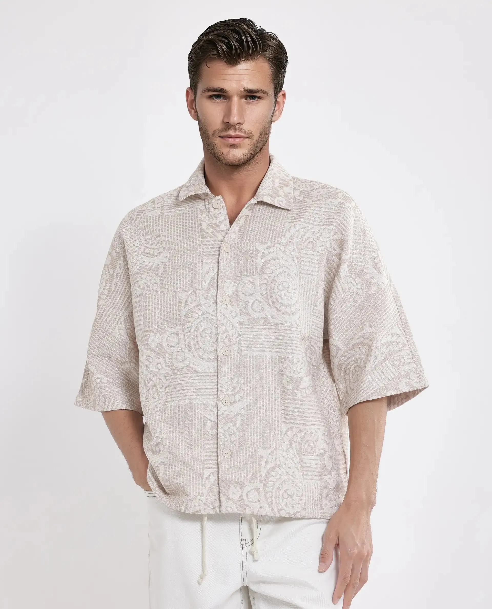 Rare Rabbit Men Tyra Beige Cotton Poly Fabric Half Sleeve Collared Neck Button Closure Embroidered Shacket