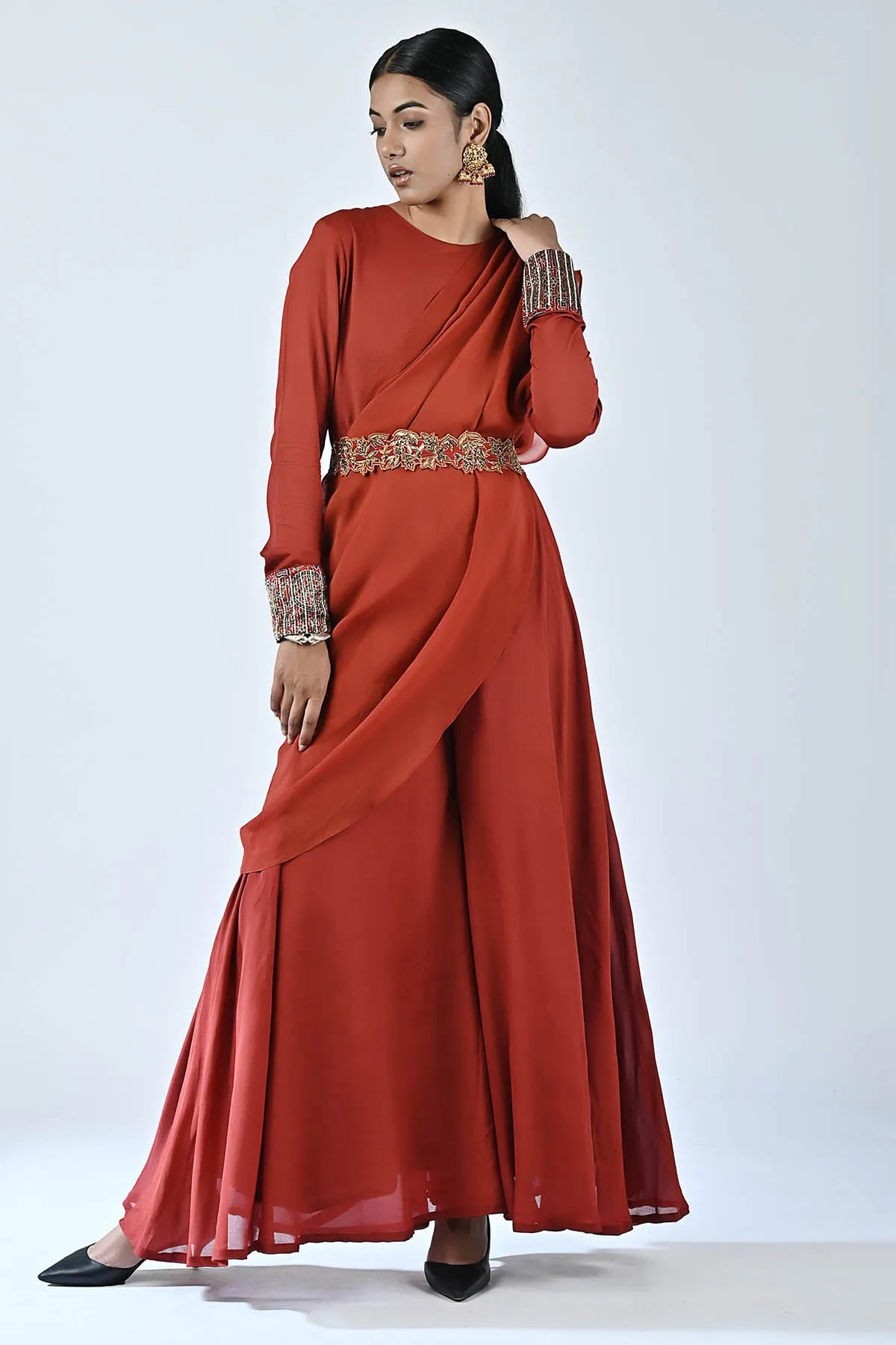 Red Ajrakh Drape Jumpsuit & Belt