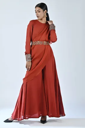 Red Ajrakh Drape Jumpsuit & Belt