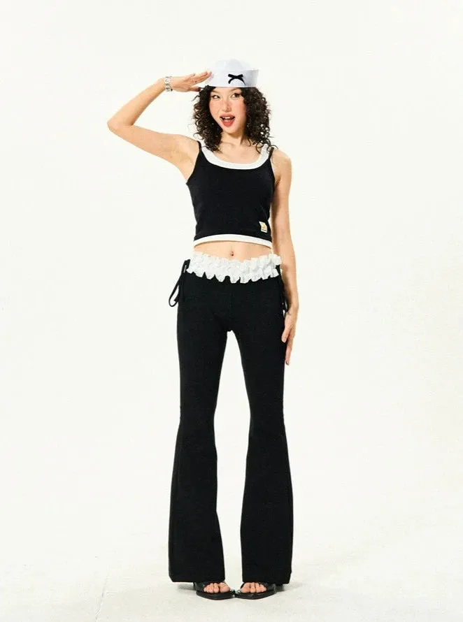 Ruffle Trim Flared Elastic Waist Pants