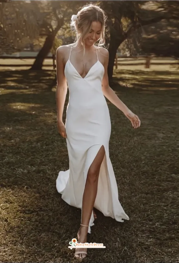 Simple Sexy Slit Fit and Flare Summer Wedding Dress