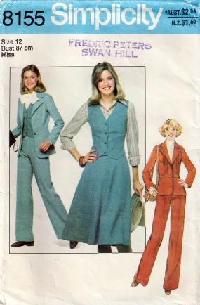 Simplicity 8155 Womens Fit & Flared Jacket Vest Skirt & Pants 1970s Vintage Sewing Pattern Size 12 Bust 34 Inches