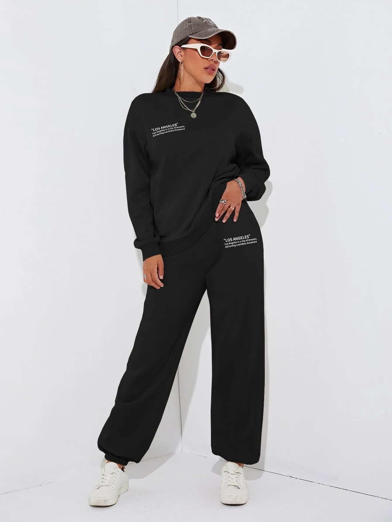 Slogan Graphic Drop Shoulder Thermal Lined Sweatshirt & Sweatpants FW22 FD