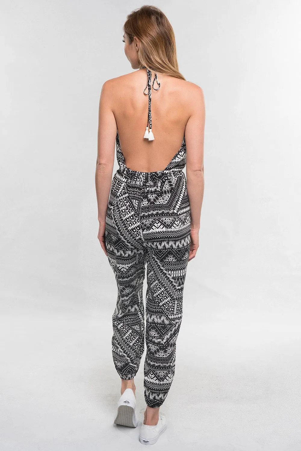South Western Printed Open Back Halter Jumpsuit