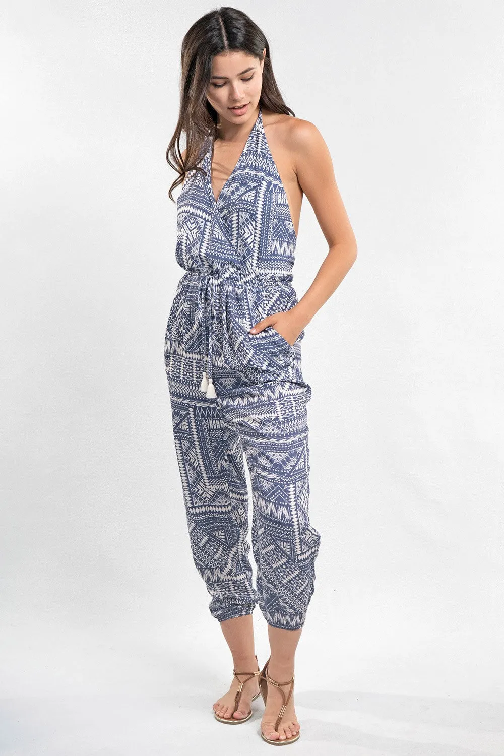 South Western Printed Open Back Halter Jumpsuit