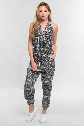 South Western Printed Open Back Halter Jumpsuit