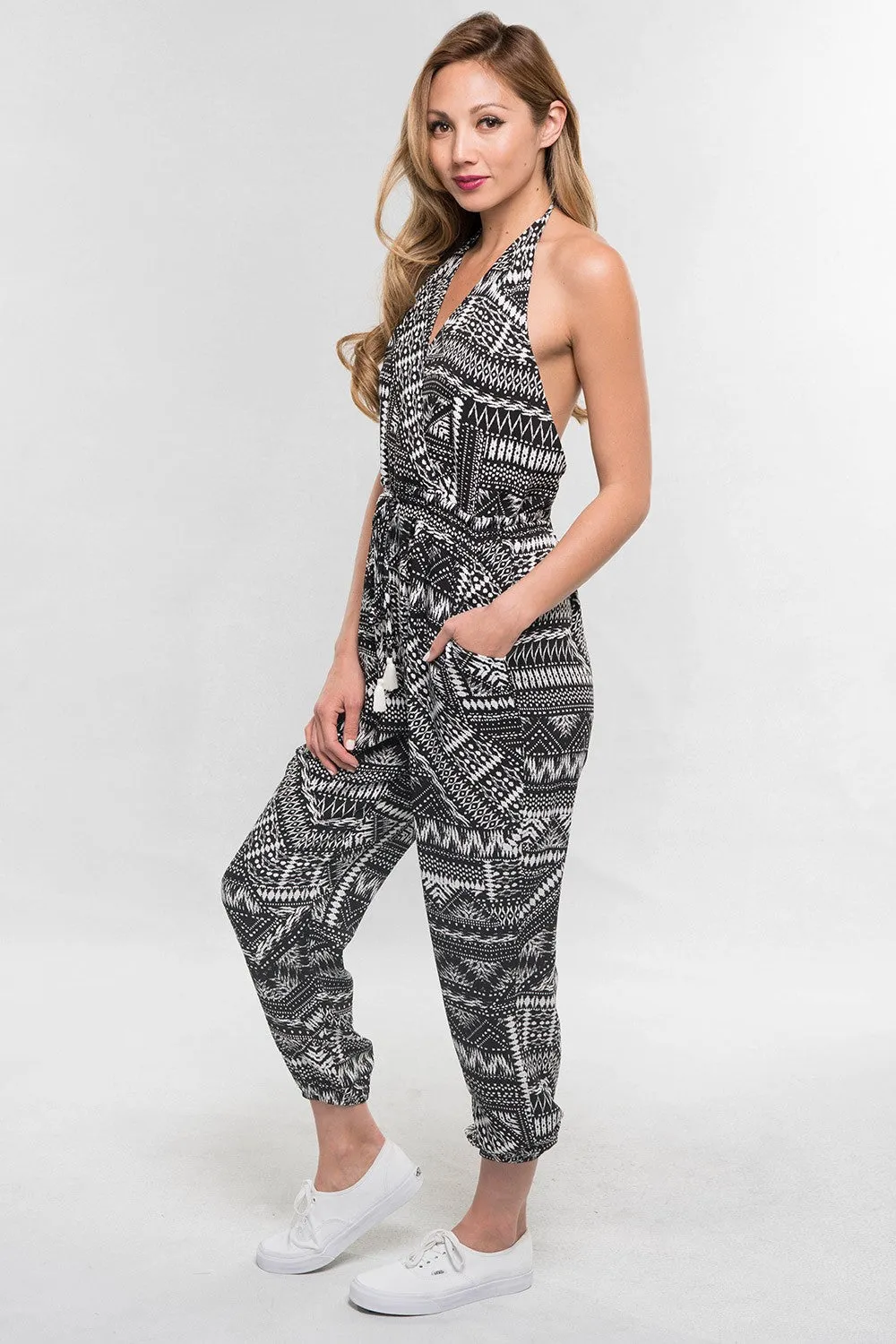 South Western Printed Open Back Halter Jumpsuit