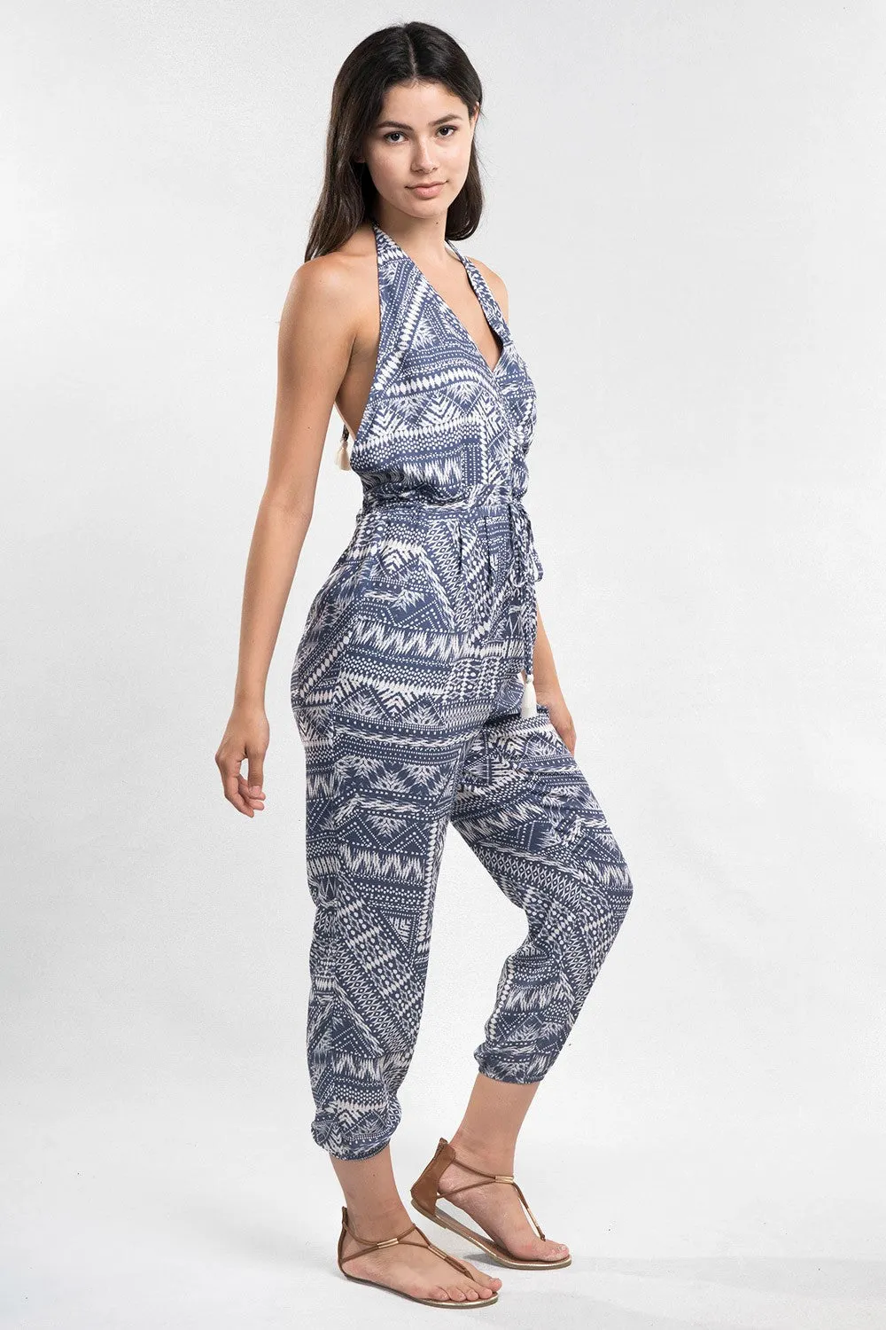 South Western Printed Open Back Halter Jumpsuit
