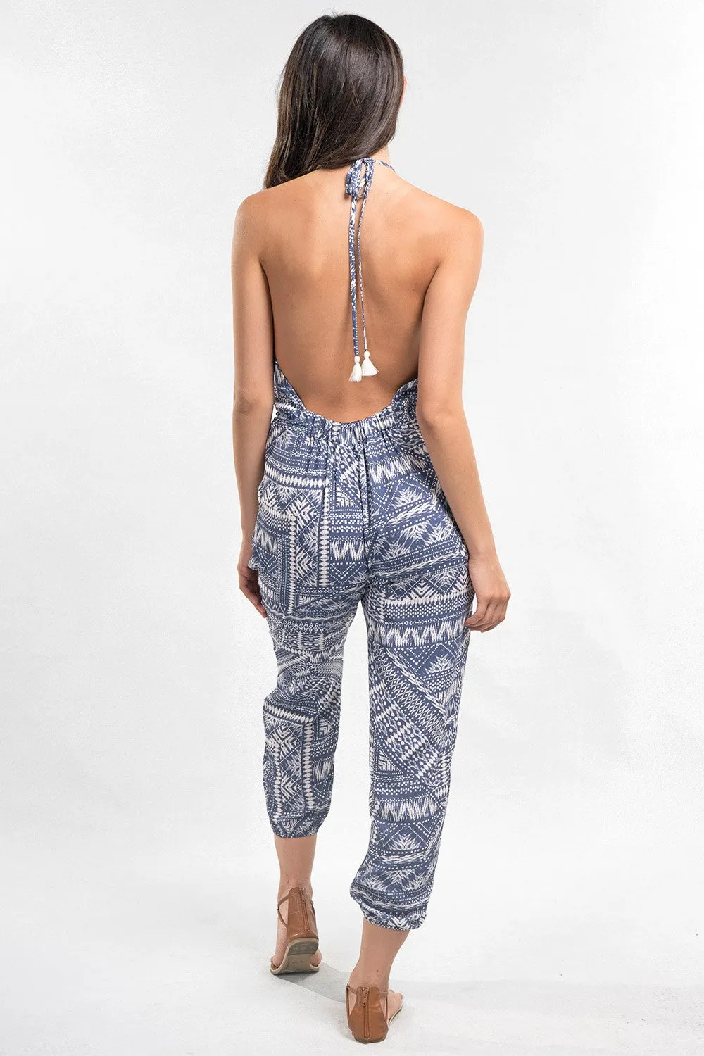 South Western Printed Open Back Halter Jumpsuit