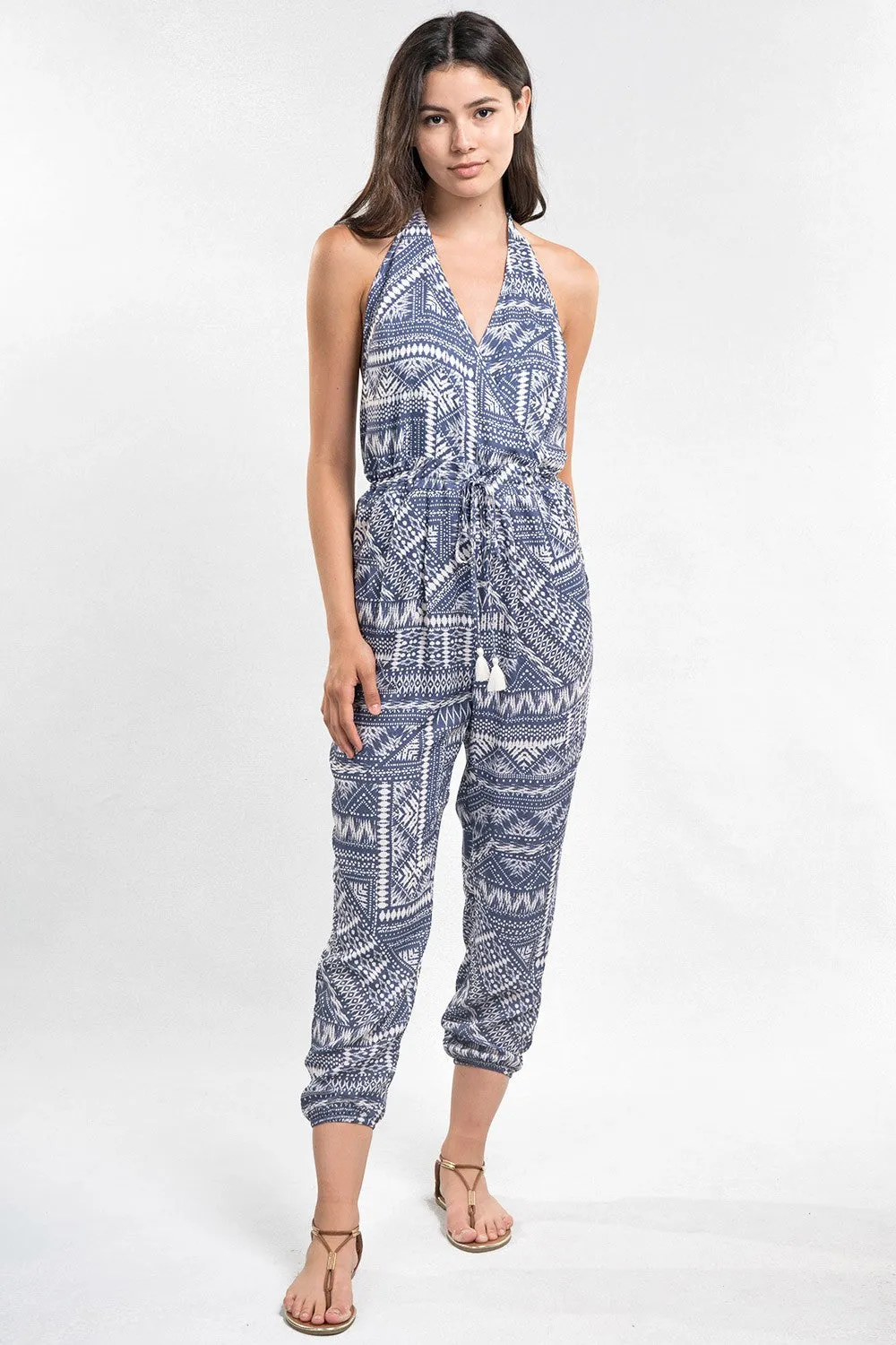 South Western Printed Open Back Halter Jumpsuit