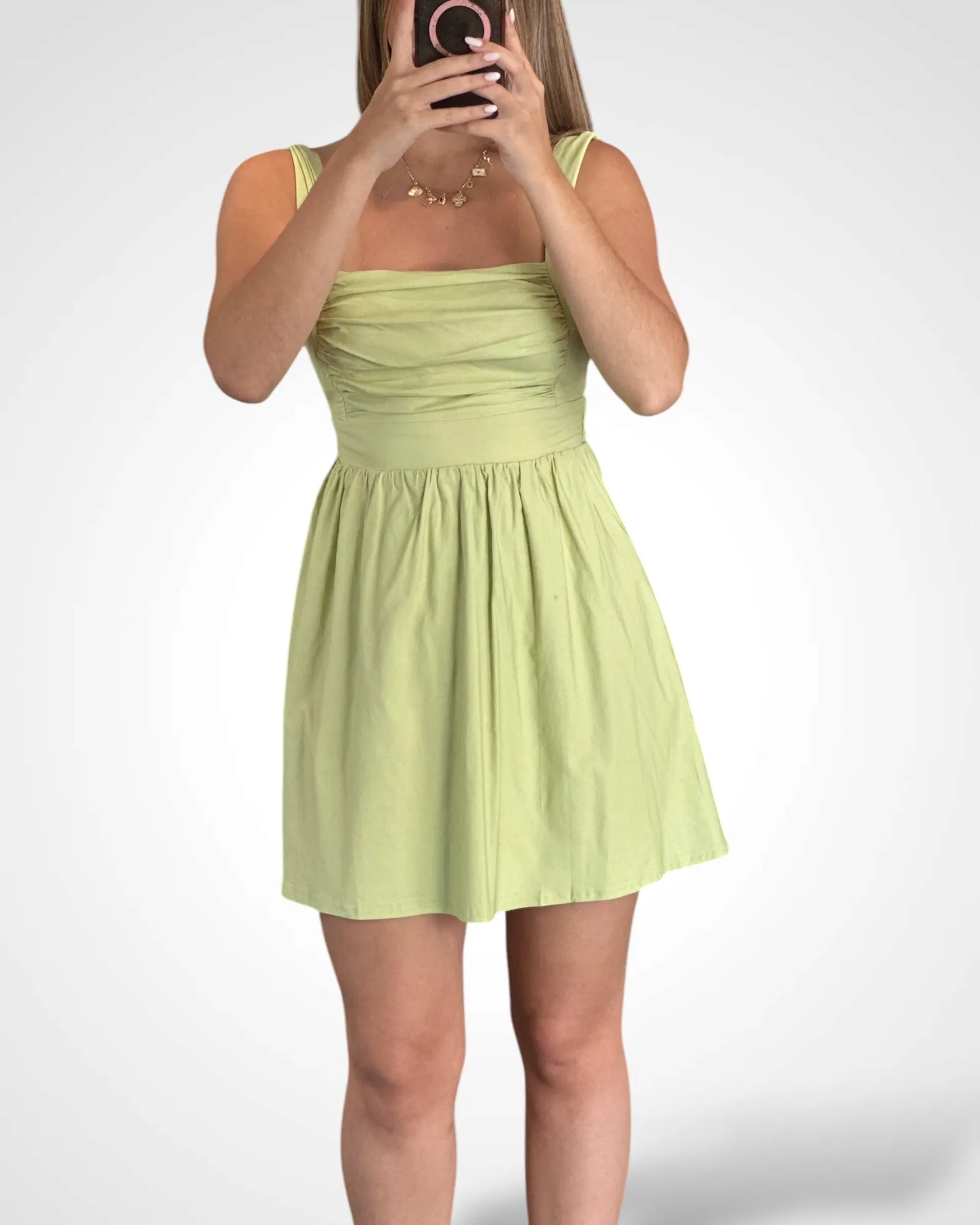 STRETCH WOVEN BACK TIE BABYDOLL DRESS